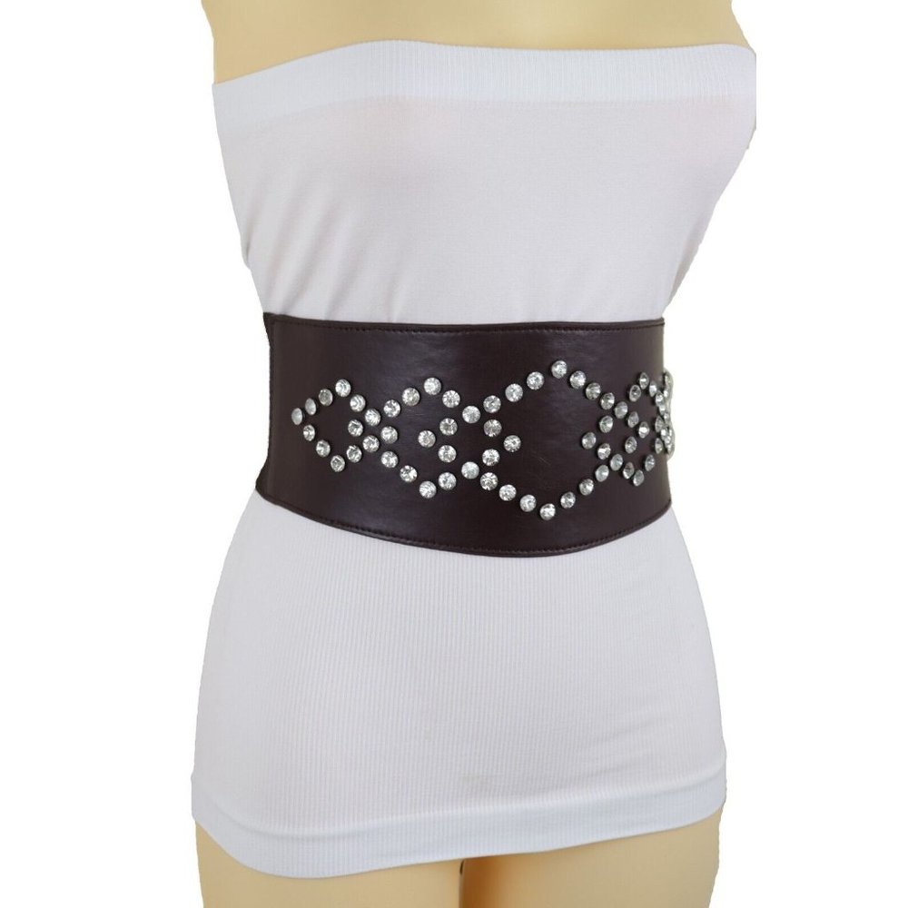 Women Wide Faux Leather Dark Brown Waistband Elastic Belt Silver Squares Fit S M